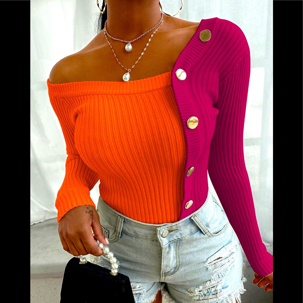 Rose Red Deep V Neck Buttons Up Design Off Shoulders Rib Knit Sweater